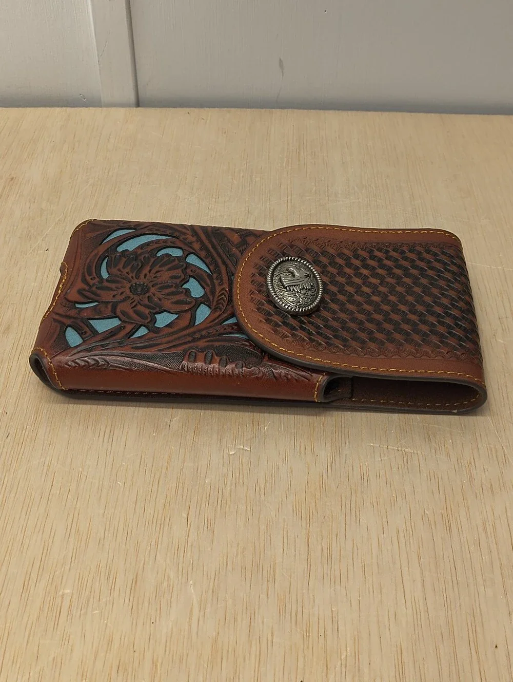 Horse Western Genuine Leather Phone Holster Handtooled Brown XLARGE